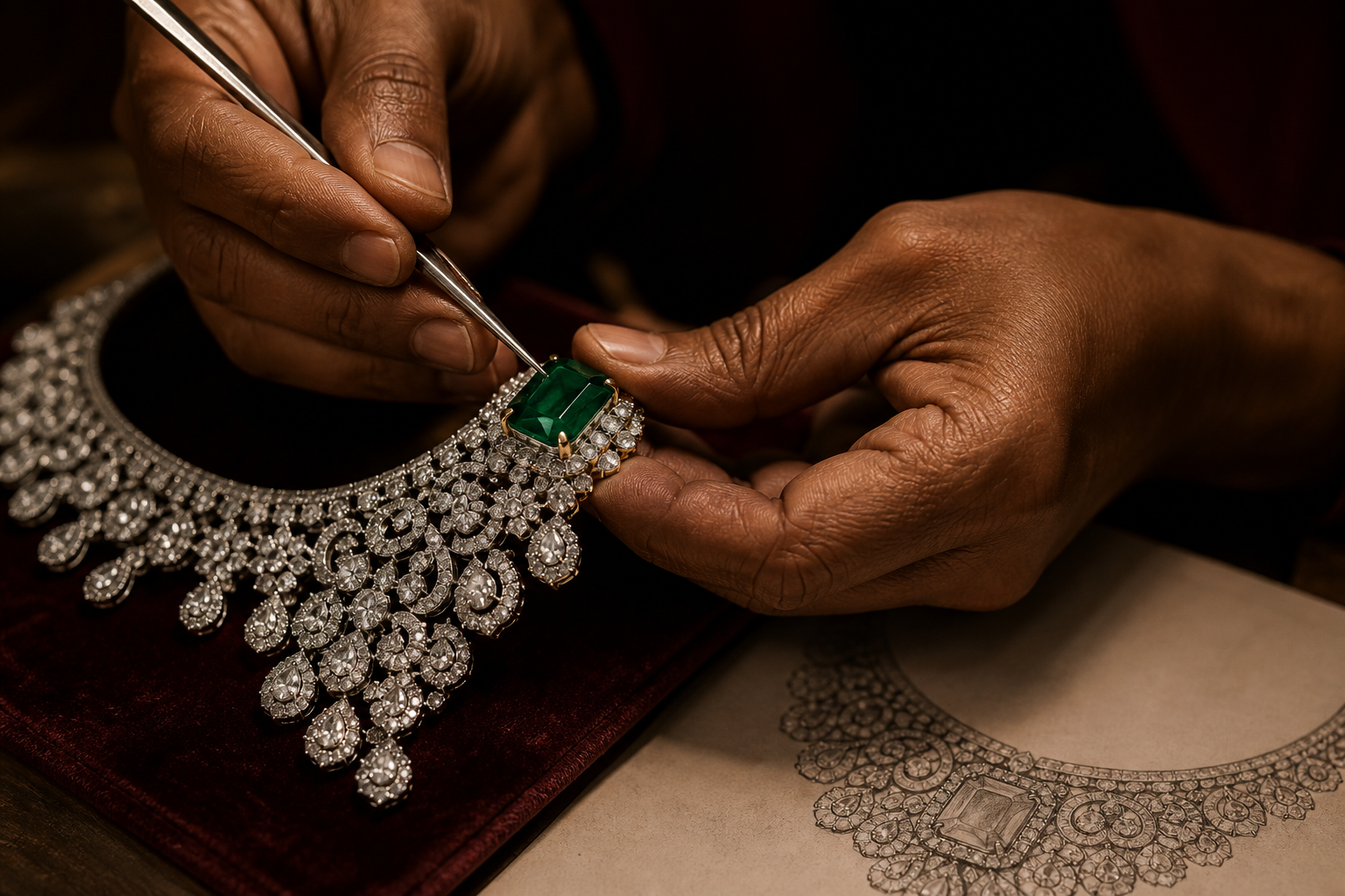 Jewellery artisan setting an emerald into a diamond necklace