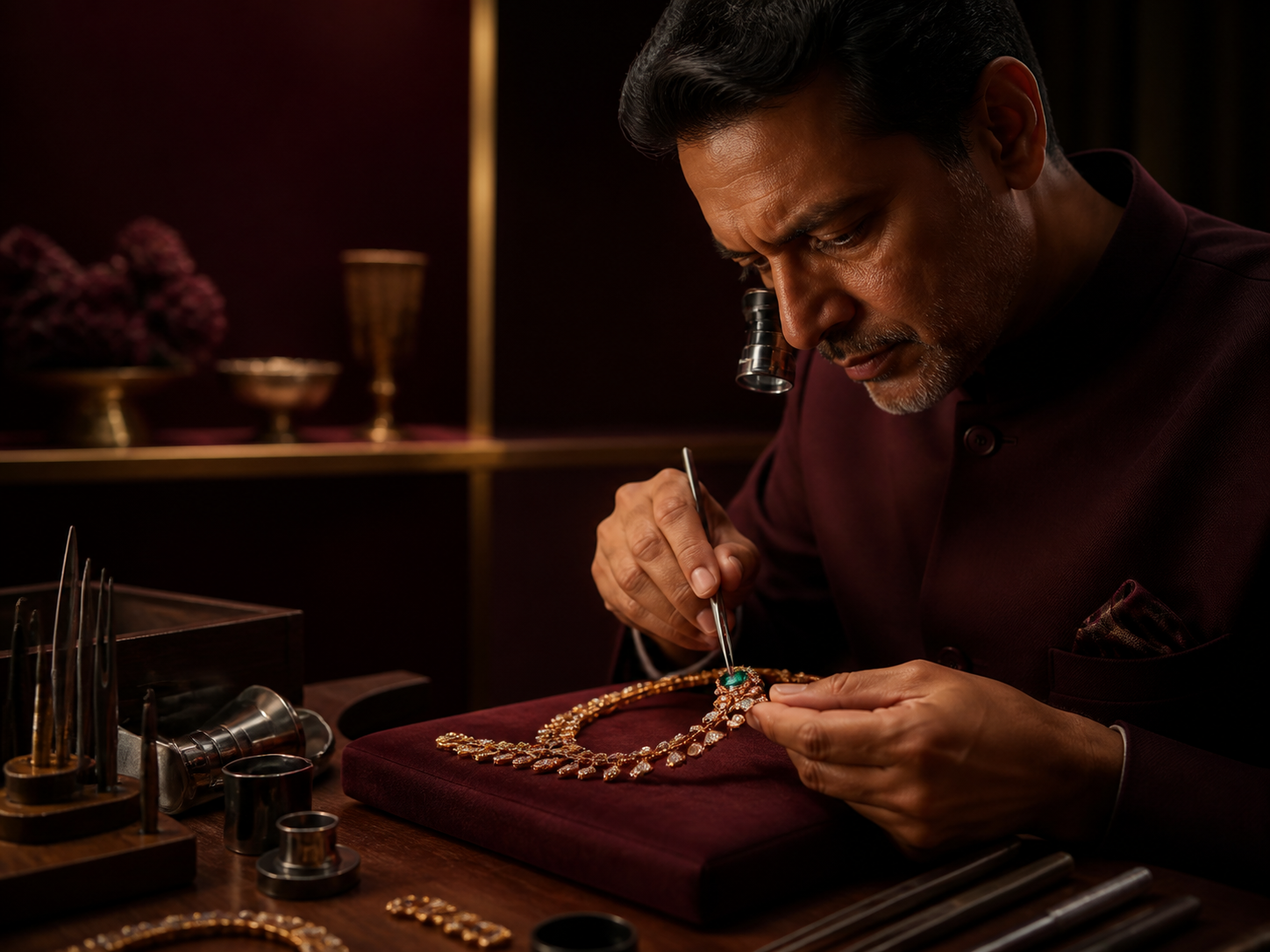 Tulja Global master jeweller crafting an emerald necklace